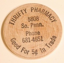 Vintage Southern Pennsylvania Wooden Nickel Thrifty Pharmacy - $4.94