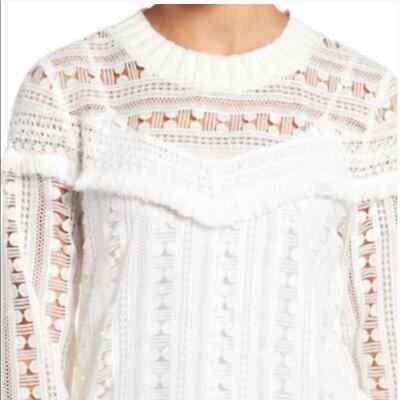 Trouve white lace fringe crew neck sweater top women’s size M - $18.62