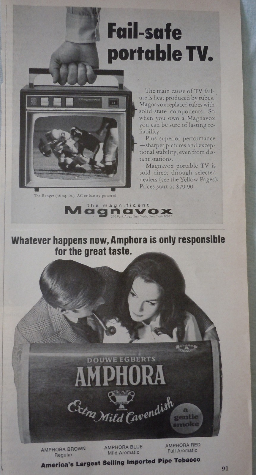 Magnavox &amp; Amphora Tobacco Small Magazine Advertising Print Ad Art 1969 - $3.99