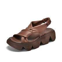 Genuine Leather Summer Shoes Women Sandals Retro Elastic Band Wedges New Handmad - £96.77 GBP