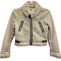 Ashley B Bernardo Sherpa Jacket Cream Size M Cropped Faux Fur Elbow Patc... - $37.64