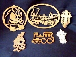 Vintage Cut Out Wood Christmas Ornaments Train Cross Birdhouse Santa Lot... - $12.69