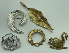 Lot Of Vintage Silver and Gold Tone Pins Brooch Lot Swan Leaf Rose  - $14.01