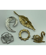 Lot Of Vintage Silver and Gold Tone Pins Brooch Lot Swan Leaf Rose  - £11.01 GBP