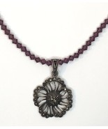 Purple Glass? Beaded Necklace w/ Sterling Silver &amp; Marcasite Pendant 925 - £39.61 GBP