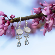 Rainbow Moonstone Blue Topaz Gemstone Handmade 14k White Gold Over Drop Earrings - £90.64 GBP