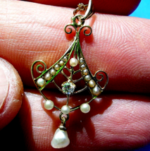 Earth mined Diamond Pearl Deco Pendant Antique Victorian Necklaces 14k Gold - $1,583.01