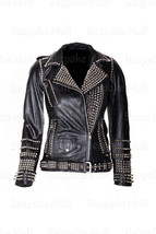New Woman Silver Studded Black Punk Riding Cowhide Biker Leather Jacket-127 - £297.95 GBP