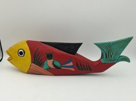 Vintage Mexican Folk Art Hand Painted Carved Wooden Fish 16&quot; , 2 side Bird - $19.65