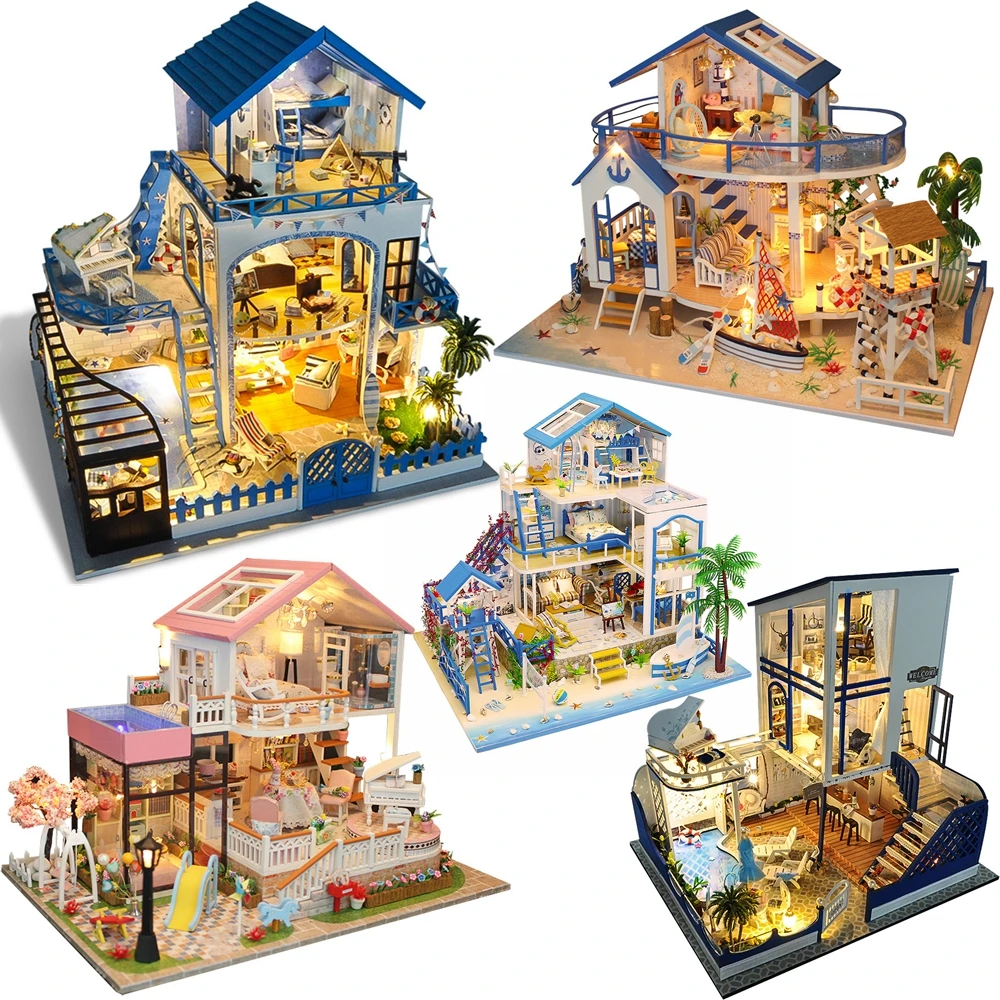 L house with furniture miniature building kits aegean sea villa big casa dollhouse toys thumb200