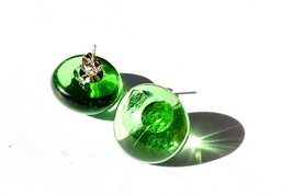  green glass button pierced earrings with posts - $19.99