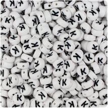 BeadTin White Opaque 7mm Coin Plastic Alphabet Beads - Black Letter K (1... - $2.09