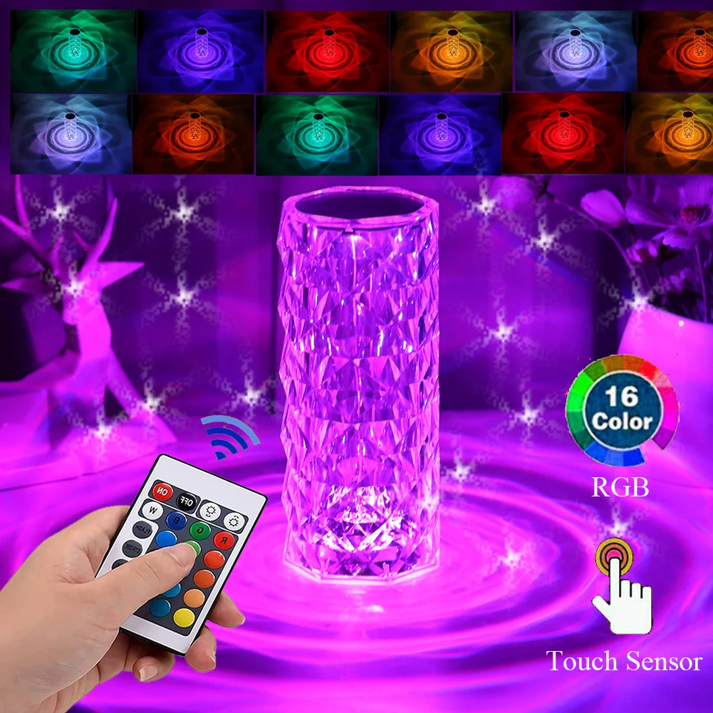 3/16 Colors LED Crystal Table Lamp USB Charging Diamond Desk Light Touch Control - £10.61 GBP+