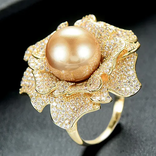 Trendy Imitation Pearls Charms Cubic Zircon Statement Rings for Women Fi... - $36.69