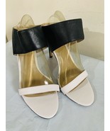 Lands&#39; End Black/White 4 Inch High Heel Slide On Sandal Wide Ankle Band ... - $23.36