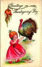 Greetings On Thanksgiving Day Girl in Pumpkin Hat Turkey Unused 1910s Postcard - £11.86 GBP