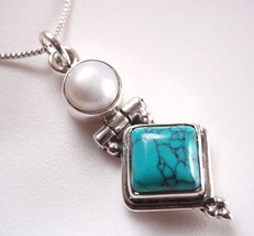 Cultured Pearl and Turquoise 925 Sterling Silver Necklace Corona Sun Jewelry - £16.28 GBP