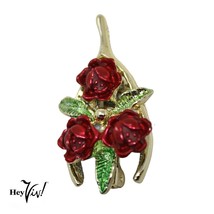 Vintage Signed Gerrys Scatter Pin Goldtone Wishbone w Red Roses 1.25&quot; - Hey Viv - £12.78 GBP