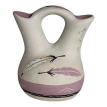 Native American Pottery Wedding Vase Feathers Signed Little Violet Purple #21 - £29.40 GBP