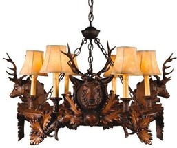 Chandelier 3 Stag Heads Deer Small Hand-Painted 6 Candelabra Lights OK Casting - £2,253.38 GBP