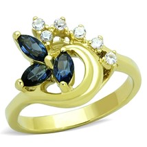 Blue CZ Marquis Triplet Cocktail Ring Gold Plated Stainless Steel TK316 - $18.00