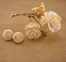 Vintage carved flower brooch set - pierced Rose Flower earrings - Gift f... - $75.00