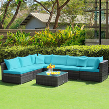 7Pcs Outdoor Rattan Furniture Set Sectional Sofa With Turquoise Cushion - £715.03 GBP