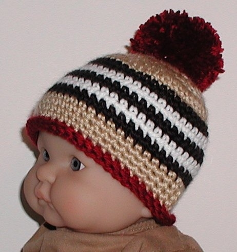 Tan Burgundy Baby Boys Beanie Hat Black And White Stripes Newborn 0-6 Months - $12.00