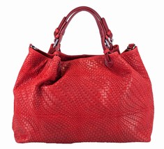 Woven Braided Pattern Red Leather Large Handbag Handmade In Italy - $120.00