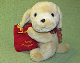 Goffa Merry Christmas 12" Dog Stuffed Puppy Tan Red Gift Sac With Presents Toy - $15.75