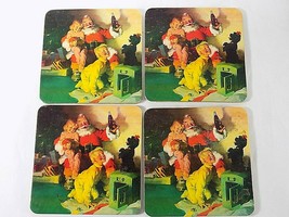 4 Vintage Coca Cola Cork Coasters Christmas Santa Claus Playing With Kids &amp; Dog - £2.71 GBP