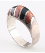 Vintage Sterling Silver Ring with Inlayed Onyx &amp; Red Goldstone (Size 8.5) - £58.37 GBP
