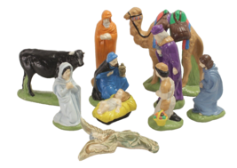 Vintage 9 Piece Nativity Set 50 Years Old Colorful Set 8 Inches Tall! - £37.03 GBP