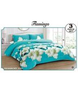 FLAMINGO FLOWERS BLUE BLANKET WITH SHERPA SOFTY AND WARM 3 PCS QUEEN  SIZE - $81.98 CAD