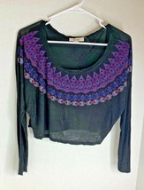 Boutique XXI Womens Sz S Black Long Sleeve Shirt Crop Multicolor Print - £7.40 GBP