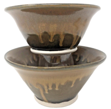 VTG Studio Art Pottery Ceramic Nesting Bowls Brown Drip Glaze Artist Signed Set - £23.66 GBP