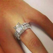 3.30Ct Emerald Cut Diamond Simulated Engagement Ring Trio Set 14K White Gold - £205.82 GBP