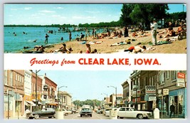 Postcard Greetings From Clear Lake Iowa Dual View Rexall Drugs Ford Mustang - £7.82 GBP
