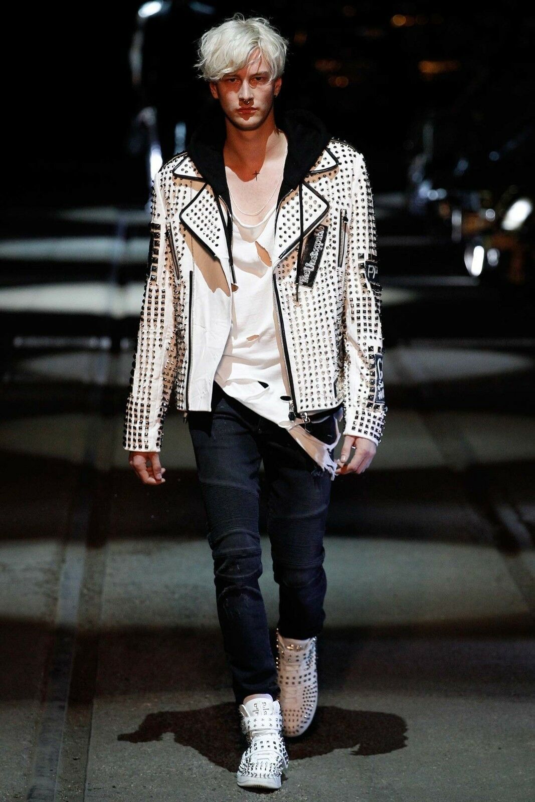 Men PHILIPP PLEIN Leather Jacket White Silver Studded Patches Handmade Belted