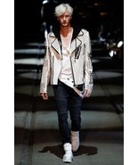 Men PHILIPP PLEIN Leather Jacket White Silver Studded Patches Handmade B... - $497.47 CAD