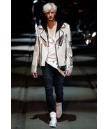 Men PHILIPP PLEIN Leather Jacket White Silver Studded Patches Handmade B... - £285.32 GBP