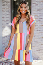 Fiery Red Multicolor Striped Color Block Tiered Mini Dress - $259.27 MXN