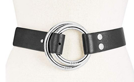 DKNY Double-Ring Pull-Back Leather Belt Black Silver - £28.87 GBP