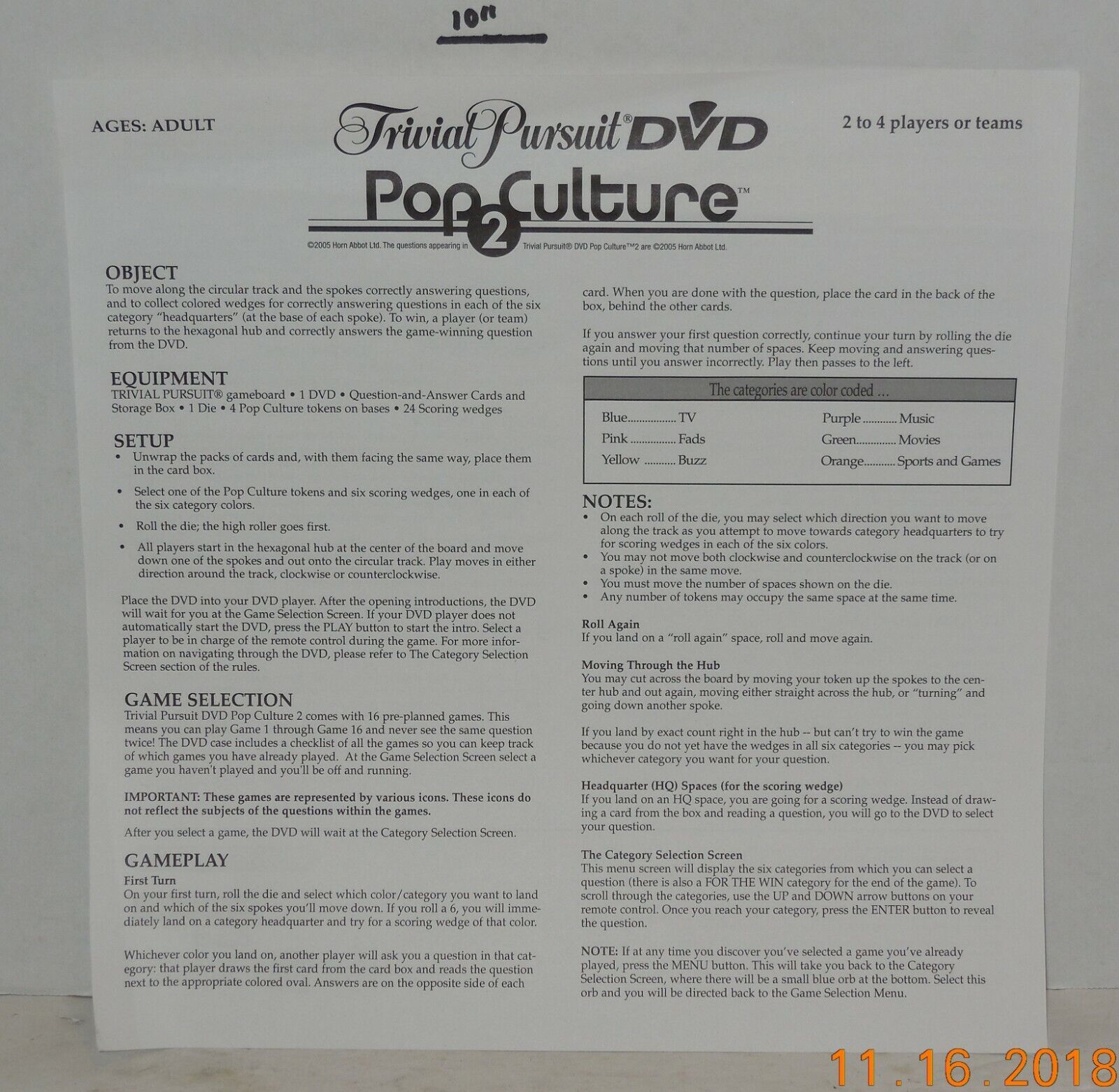 2005 Hasbro Trivial Pursuit DVD Pop Culture 2 Replacement Rules Of Play Sheet