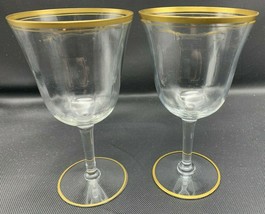 2 Wine Water Crystal Goblets Optic Gold Ring Trim On Rim &amp; Foot 6-1/8&quot; Tall - $16.59