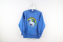 Vintage 80s Womens Medium Distressed Rainbow Unicorn Crewneck Sweatshirt Blue - £47.58 GBP