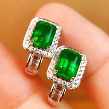 3Ct Lab Created Green Emerald Diamond Halo Stud Earrings 14k White Gold Plated - £87.73 GBP