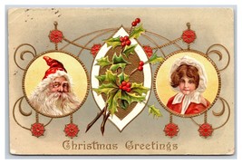Santa Claus Christmas Greetings Embossed Gilt Holly DB Postcard P25 - £7.00 GBP