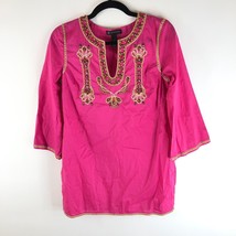 INC Womens Tunic Top Beaded Neckline Boho 3/4 Sleeve Cotton Pullover Pink 4 - £9.87 GBP