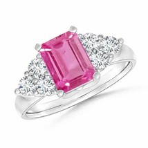 ANGARA Emerald-Cut Pink Sapphire Ring with Trio Diamonds for Women in 14K Gold - £1,564.33 GBP